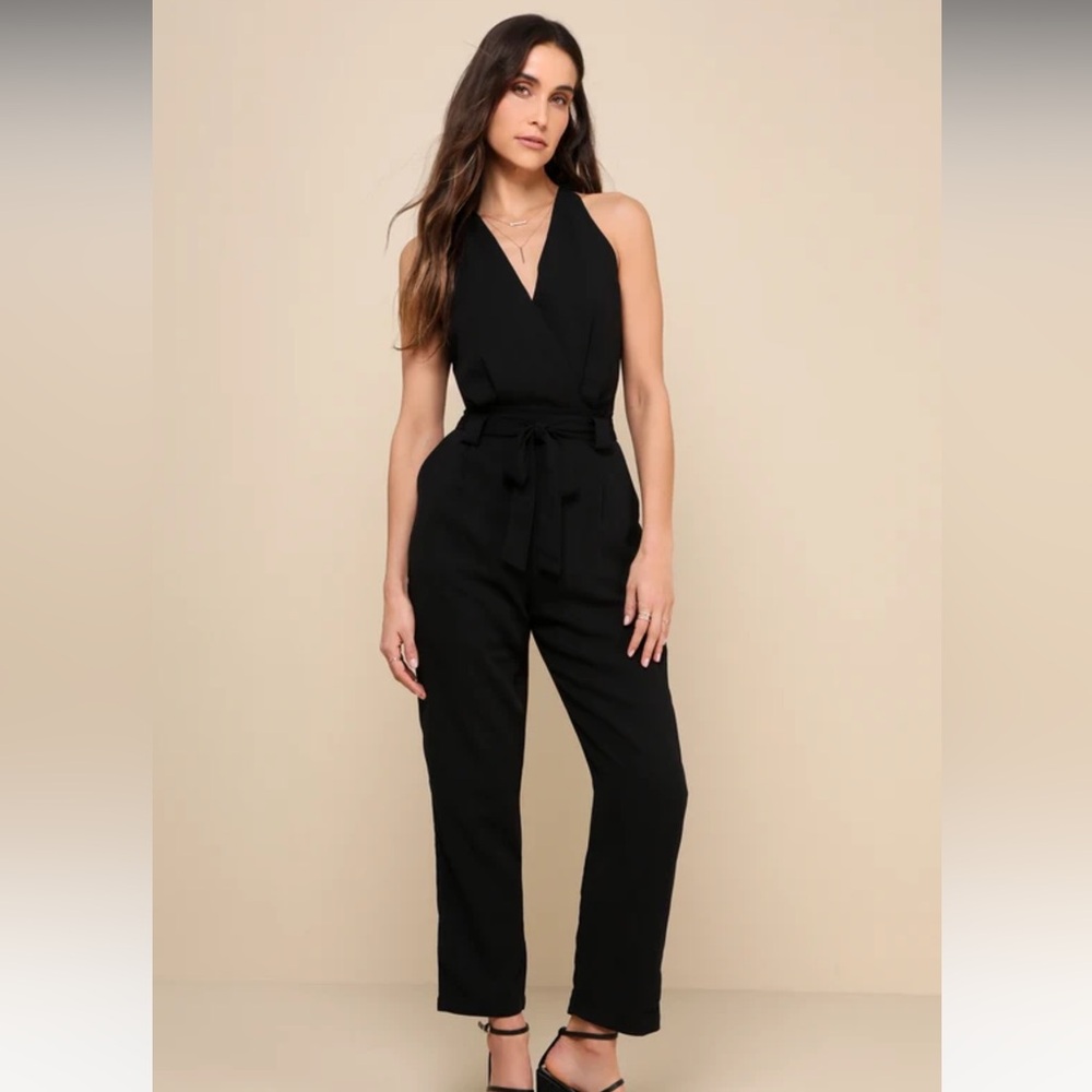 Lulu’s In the City Black Surplice Sleeveless Jumpsuit